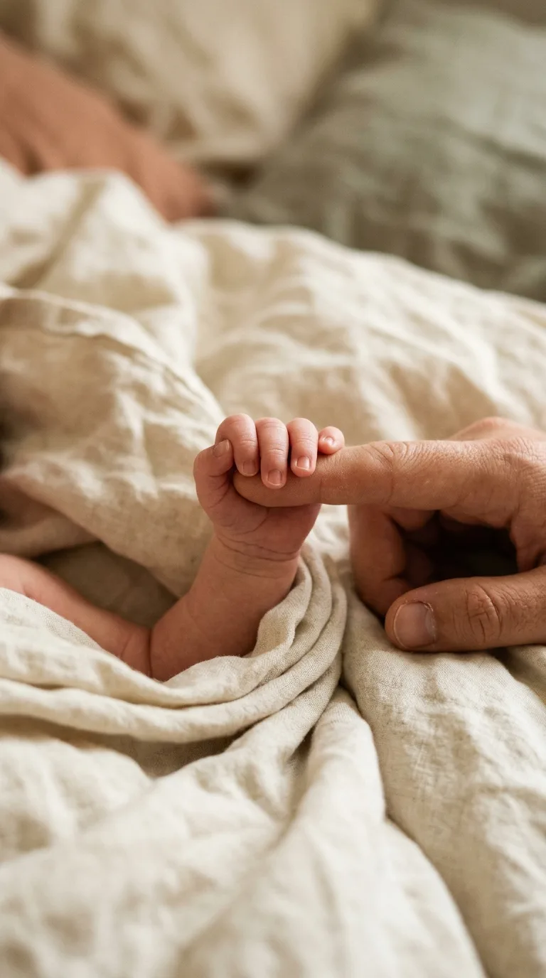 A tiny baby's hand gripping a parent's finger on warm rumpled linen